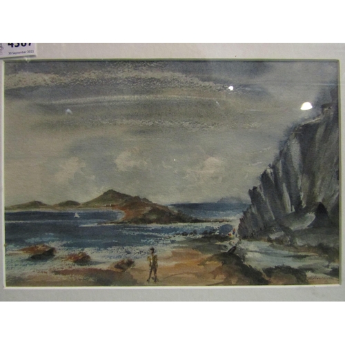 4387 - A watercolour by H Newbold of a figure on a rocky shore, islands and boats in the distance, Cornwall... 