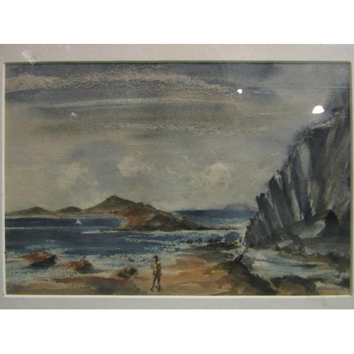 4387 - A watercolour by H Newbold of a figure on a rocky shore, islands and boats in the distance, Cornwall... 