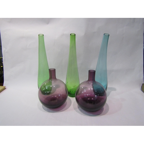 4396 - Two Art glass spherical vases and three tall glass stem vases