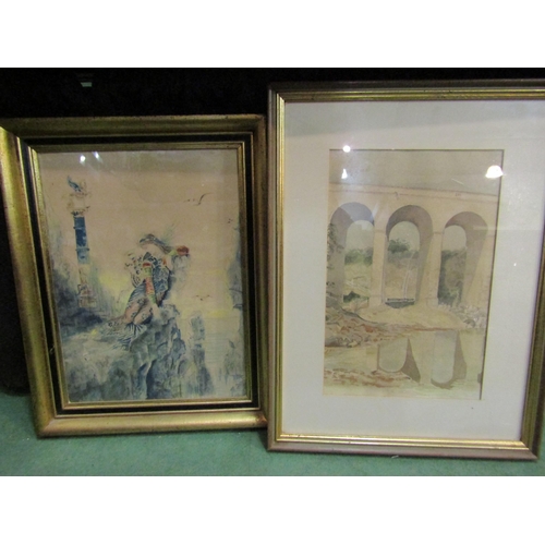 4399 - A watercolour depicting a bridge scene and a pencil and watercolour of maiden, both framed and glaze... 