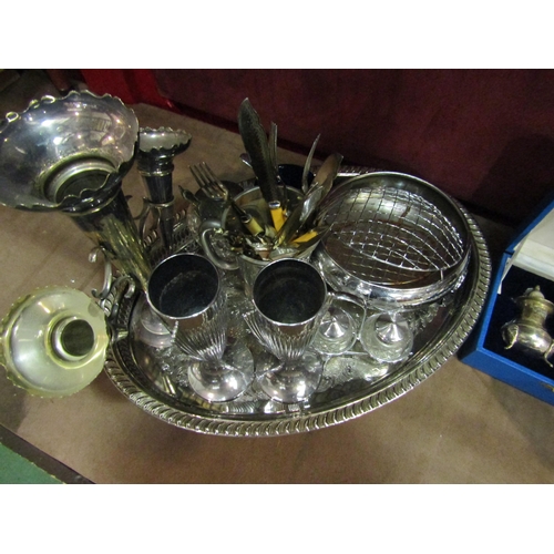 4402 - Assorted plated and metalware including cased salt and pepper, pair of candlesticks, large oval tray... 