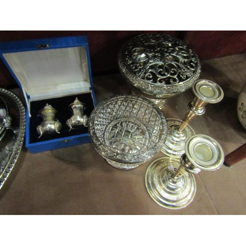 4402 - Assorted plated and metalware including cased salt and pepper, pair of candlesticks, large oval tray... 