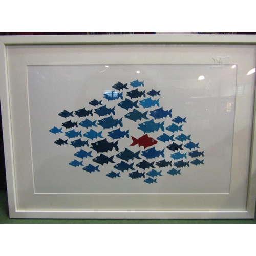 4405 - A print of a shoal of fish, framed and glazed, images size 38cm x 60cm