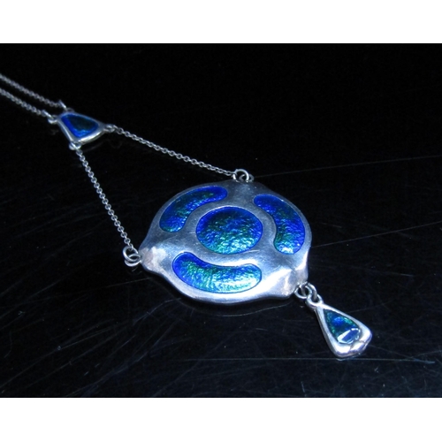 6048 - A Charles Horner silver enamelled pendant necklace of rounded form in blue and green with droplet, n... 