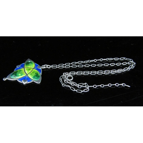 6051 - An Art Nouveau silver enamelled pendant in bright blues and greens, hung on chain, stamped S&F      ... 