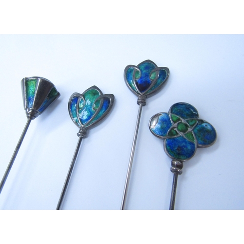 6053 - Four Art Nouveau enamelled hatpins in blues and green, unmarked