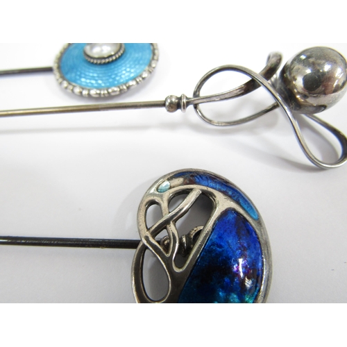 6057 - Five Charles Horner hatpins including silver, Art Nouveau enamelled and silver and turquoise guilloc... 