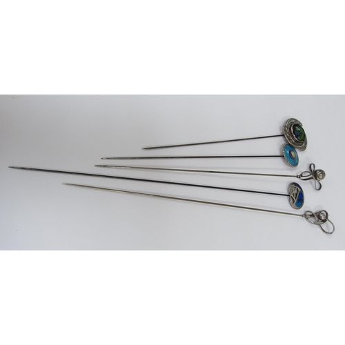 6057 - Five Charles Horner hatpins including silver, Art Nouveau enamelled and silver and turquoise guilloc... 