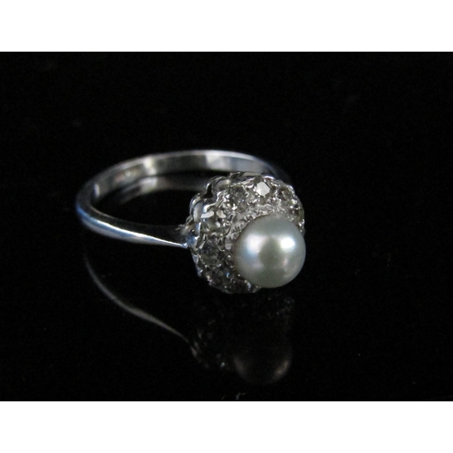 6066 - A pearl and diamond ring, the central pearl framed by old cut diamonds, stamped Plat. Size M, 3.7g