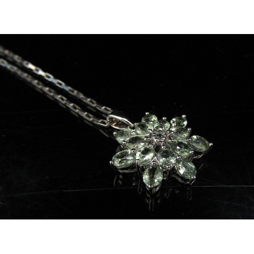 6073 - A 9ct white gold, green sapphire cluster pendant hung on a 9ct white gold chain, 44cm long, 4.6g