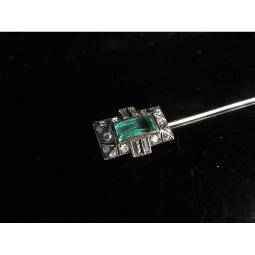 6178 - A Georgian and later stick pin with rectangular emerald to finial 8mm x 4mm framed by baguette and r... 