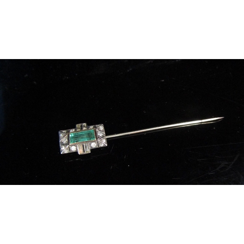 6178 - A Georgian and later stick pin with rectangular emerald to finial 8mm x 4mm framed by baguette and r... 