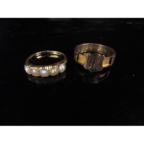 6183 - A gold ring, unmarked set with five pearls (cut) and a 9ct gold memoriam ring, monogrammed shield fr... 