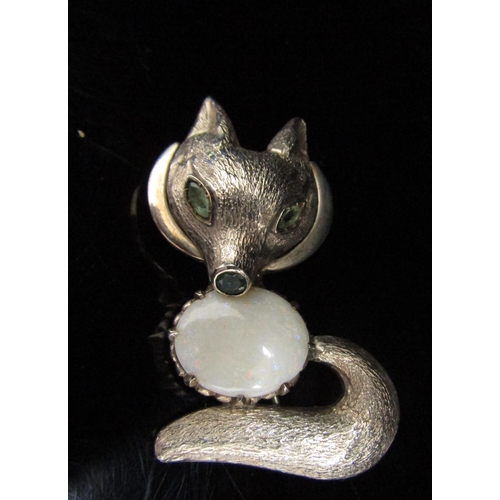 6191 - A white metal brooch/pendant as a stylised fox with opal body, unmarked, 5cm tall, 19.2g