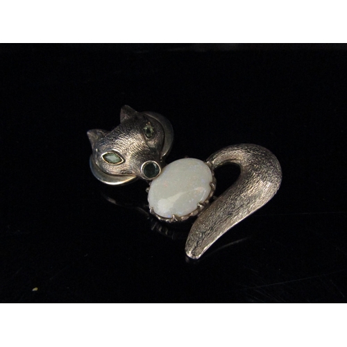 6191 - A white metal brooch/pendant as a stylised fox with opal body, unmarked, 5cm tall, 19.2g