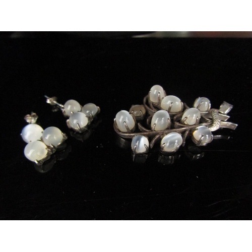 6205 - A white metal spray brooch set with ten moonstones and a pair of moonstone drop earrings