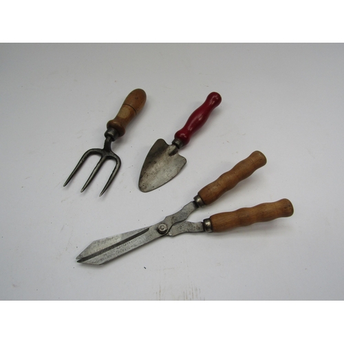 8102 - Childs garden shears, wooden handled trowel and fork