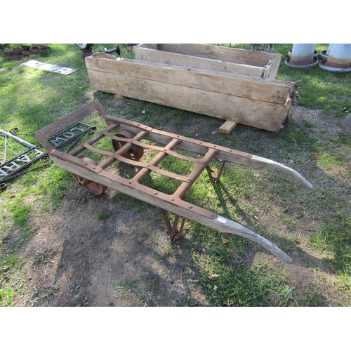 8432 - An early 20th Century wooden body, iron wheeled sack barrow, stamped 'Fairbanks'