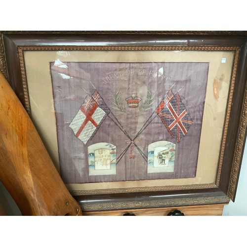 5005 - A 'Souvenir of Egypt' embroidered silk panel with crossed flags and crown design, with inset photogr... 