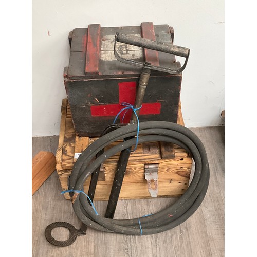 5008 - Two British wooden crates including shell carrier and a stirrup pump (3)