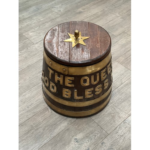 5026 - A 1940s / 50s Royal Navy rum tub, coopered with brass mounts and “The Queen God Bless Her” lettering