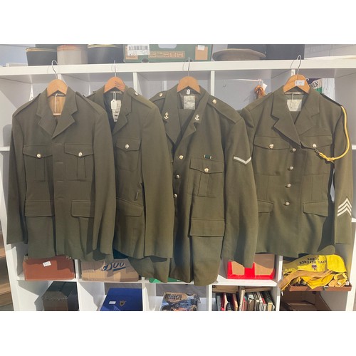 5272 - Four post war British army no. 2 service dress jackets, two with trousers, one with insignia     (E)... 