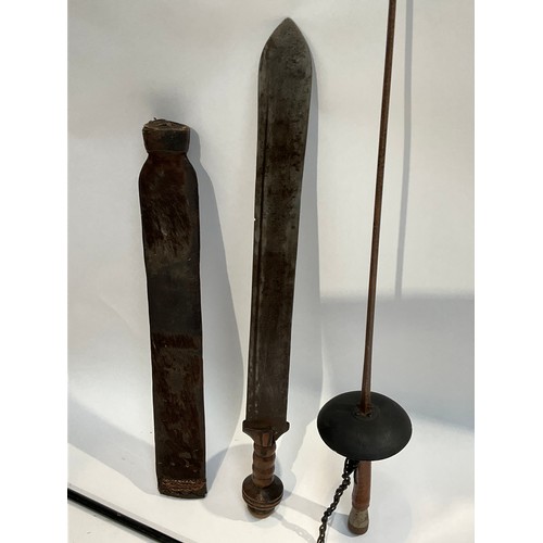 5286 - A Burmese short sword / machete with ribbed grip and skin covered scabbard, together with a swagger ... 