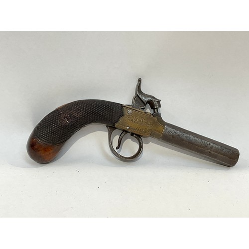 5320 - A 19th Century percussion pistol, faceted barrel, brass engraved box lock, crosshatch carved walnut ... 