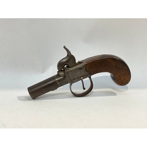 5321 - A 19th Century percussion boxlock pistol, engraved flag design to lockplate, woodwork split, mechani... 