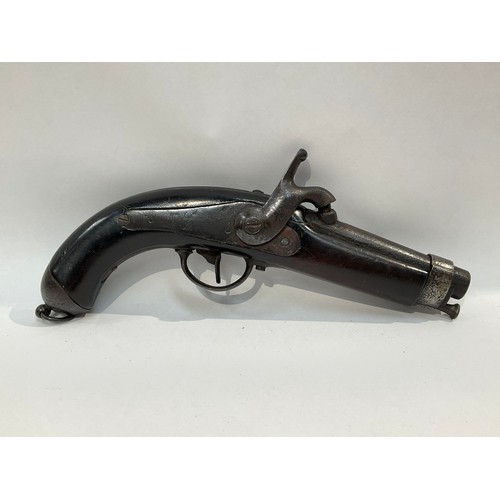 5329 - A 19th Century French military percussion pistol with signed lock and belt hook.   (C)