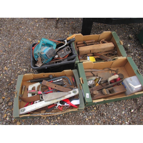 3404 - Four boxes of mixed tools including carpenter's tools, and a circular saw, etc.  DTI Failure: Please... 