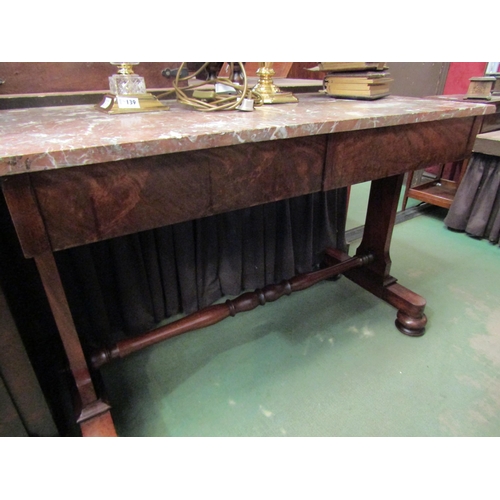 4187 - A mid Victorian mahogany and marble top library table the two frieze drawers on a tapered base joine... 