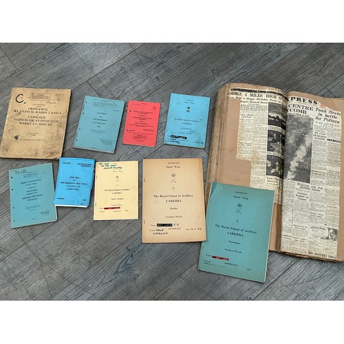 5474 - A quantity of WWII ephemera and newspaper cuttings together with Royal Artillery instruction books e... 