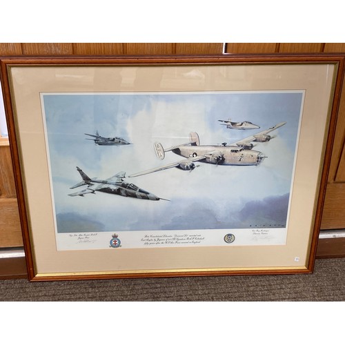 5479 - A signed print after Eric Day of B24 Consolidated Liberator in East Anglia, signed by Sqm. Ldr. Mike... 