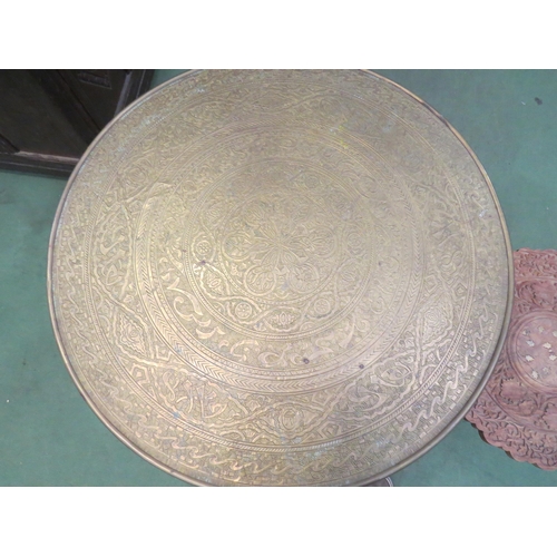 4014 - A brass Arabic Benares table with a carved Indian table inlaid with brass (2)