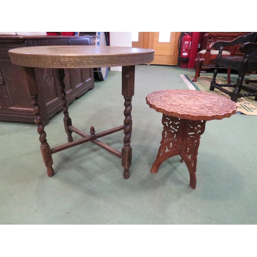 4014 - A brass Arabic Benares table with a carved Indian table inlaid with brass (2)