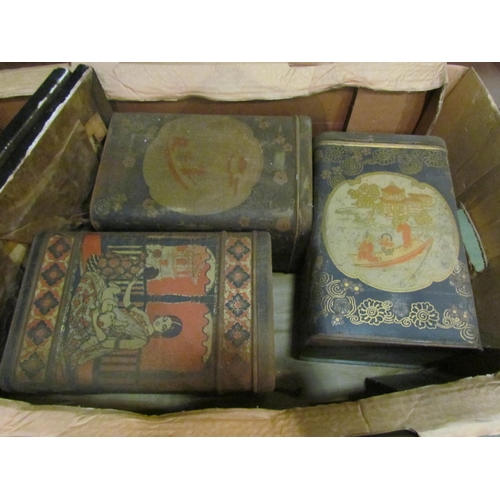 4214 - A mixed lot including three large vintage tea tins, copper reposse pictures and prints