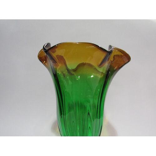 4334 - A late 20th Century art glass vase, green with amber waved rim, base in  clear, 28.5cm high    (E) £... 