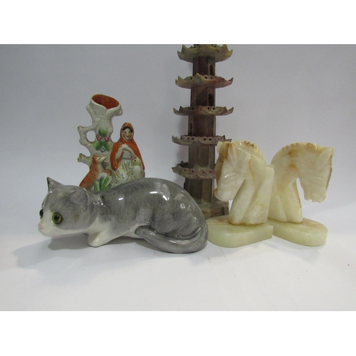 4338 - A carved soapstone pagoda 43cm tall, together  with onyx horse bookends, a Victorian Staffordshire s... 