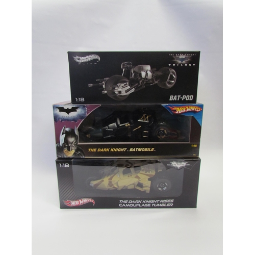 7009 - Three boxed Hot Wheels 1:18 scale diecast Batman vehicles to include The Dark Knight Batmobile, The ... 