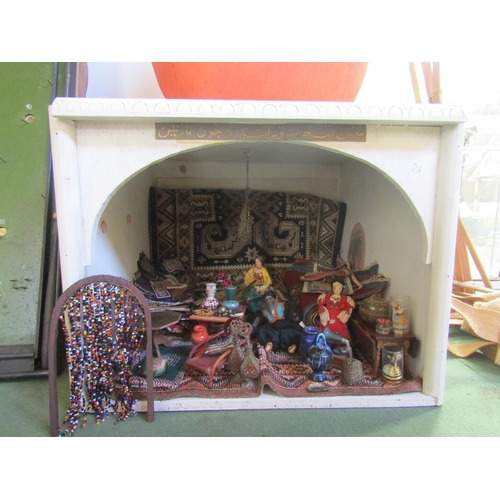 7119 - A painted wooden dolls box room as a bazaar rug stall, with dolls, furniture and accessories, 36cm t... 