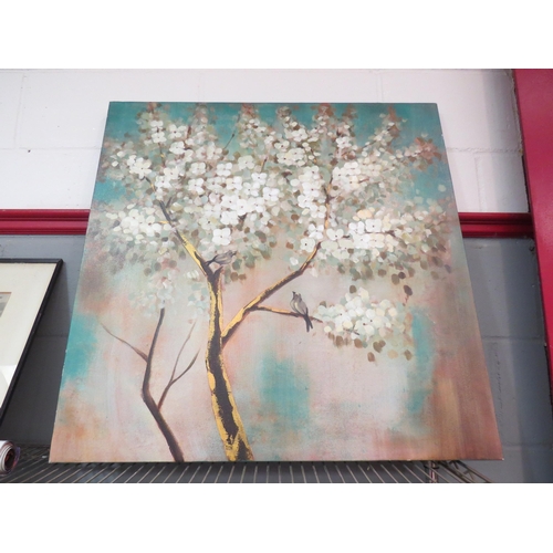 1009 - A print on canvas depicting a bright teal green sky with a white blossom tree and two birds, 80cm x ... 