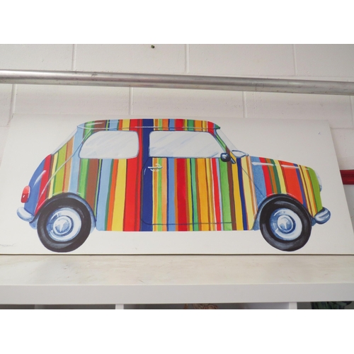 1017 - A print on canvas depicting a pop art style image of a multi-coloured striped Mini Cooper car, 51cm ... 