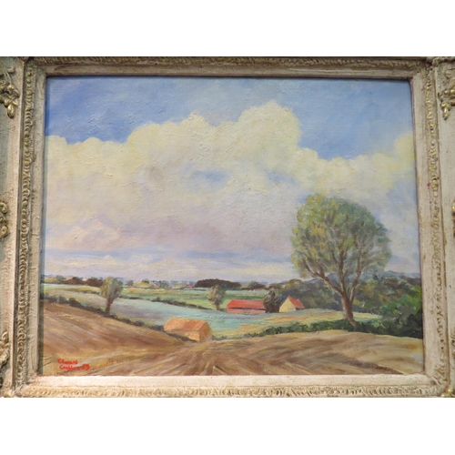 1050 - EDWARD CUSHION: Two oil paintings of Norfolk scenes, both signed bottom left, framed, 49cm x 60cm da... 