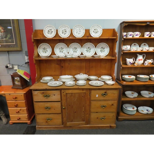 1078 - A Victorian pine dresser base with later plate rack, 180cm high x 153cm wide x 57cm deep