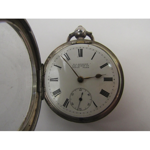 1343 - Two pocket watches; one silver example by W.C. Spikins, Upton Park, the other marked 'fine silver' (... 