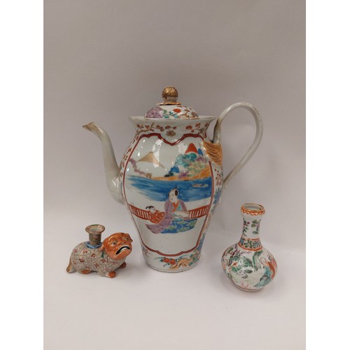 1387 - An Oriental coffee pot with character marks to base together with a figure of a dog and a miniature ... 