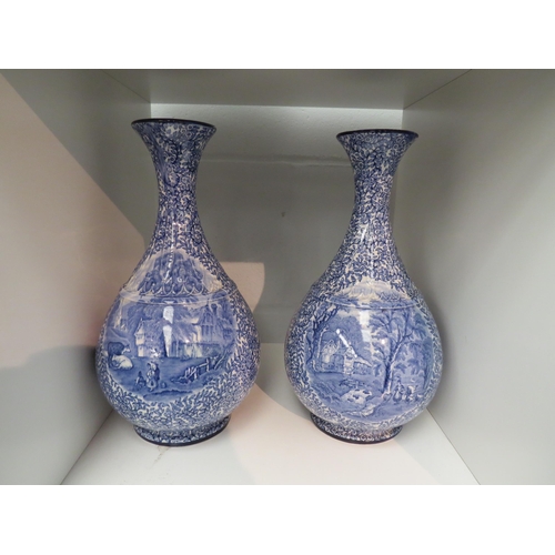 1405 - A pair of J Kent Fenton Ye Olde Foley Ware baluster form vases with transfer printed blue and white ... 