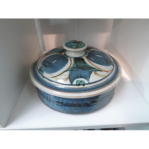 1444 - A Studio Pottery lidded Casserole, painted decoration in Aldermaster style by 'Rodnell'. 13cm high x... 