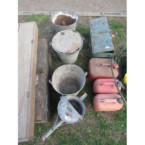 3567 - A galvanised bucket containing split wedges, a lidded galvanised bucket, galvanised watering can and... 